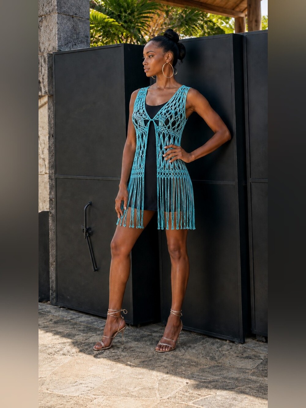 Simon Chang Turquoise Crochet Fringe Beach Cover-Up OS